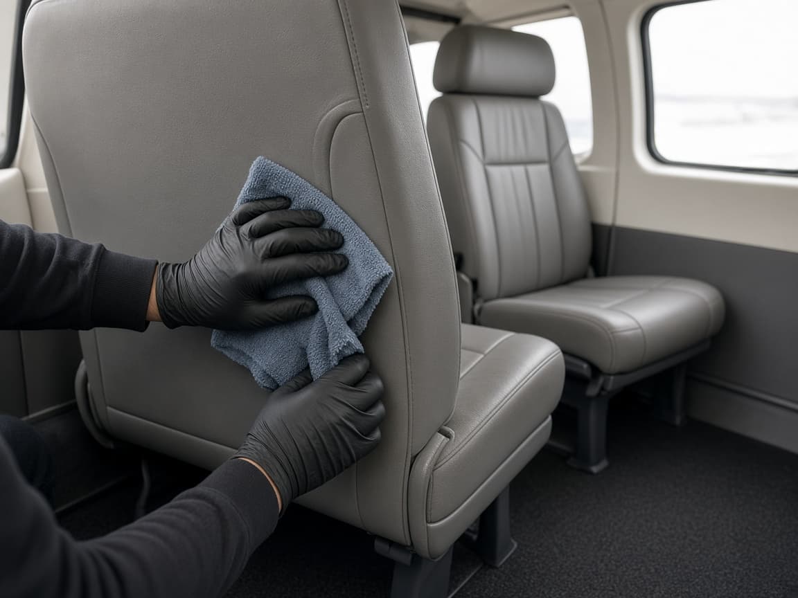 Gloved hands wiping a gray vinyl seat with a microfiber cloth during a small-aircraft interior detail.