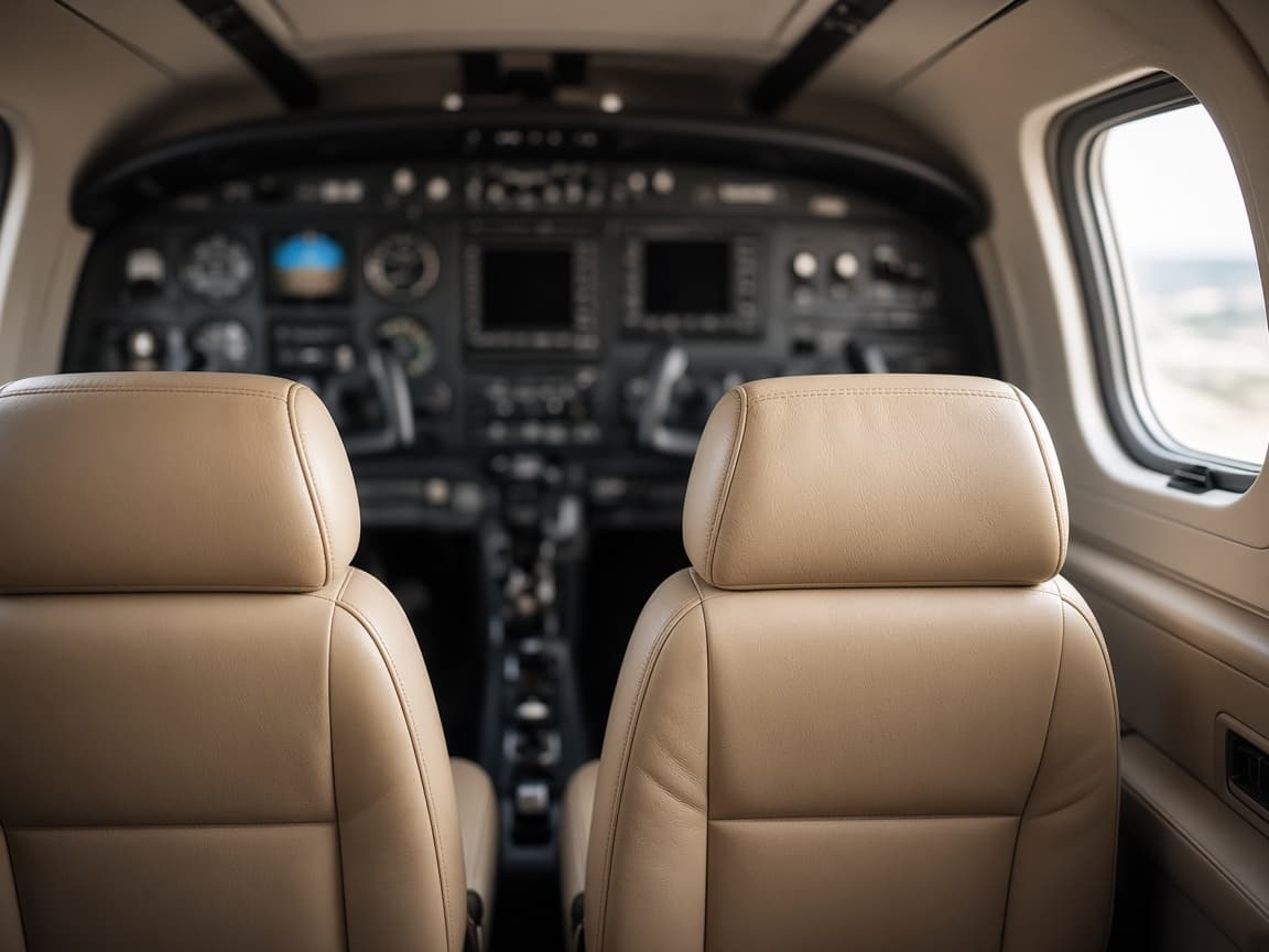 Tan leather pilot and copilot seats in a small-aircraft cockpit, conditioned and clean, with the instrument panel beyond.